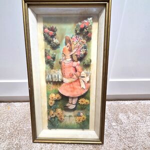 Vintage MCM 3D Layered Art Shadow Box Diorama Girl w/ Bird & Flowers Gold Frame